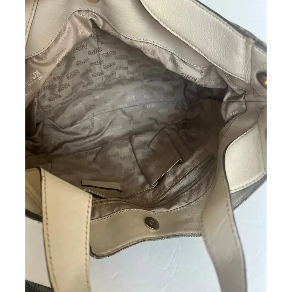 Michael Kors Signature Brown Canvas with‎ White Leather Shoulder/Hand Bag Purse